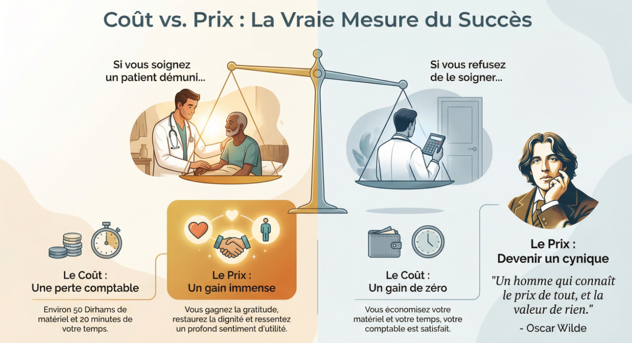 Coût vs. Prix : La Vraie Mesure du Succès — 50 DH de coût pour un gain immense en gratitude et dignité (Oscar Wilde)